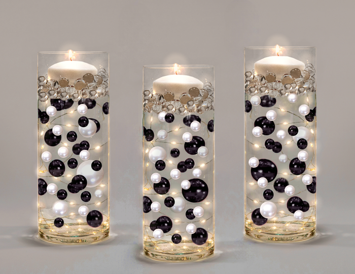 100 Floating Black & White Pearls-Shiny-Jumbo Sizes-Fills 2 Gallons of Transparent Gels for Floating Effect-With Measured Gels Kit-Vase Decorations - Option 6 Submersible Fairy Lights Strings