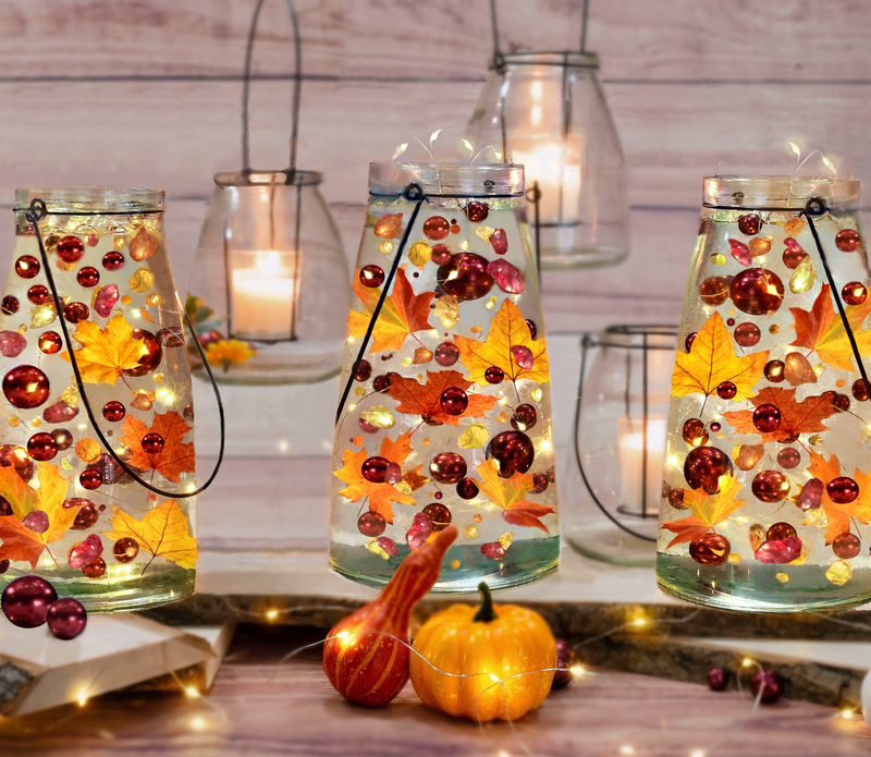 50 Floating Shades of Realistic Fall Leaves-Mums-Pearls-Pebbles-Fills 1 Gallon For Your Vases-With Must Have Transparent Water Gels Measured Floating Kit-Options: 3 Submersible Fairy Lights-6 Sunflowers-Vase Decorations