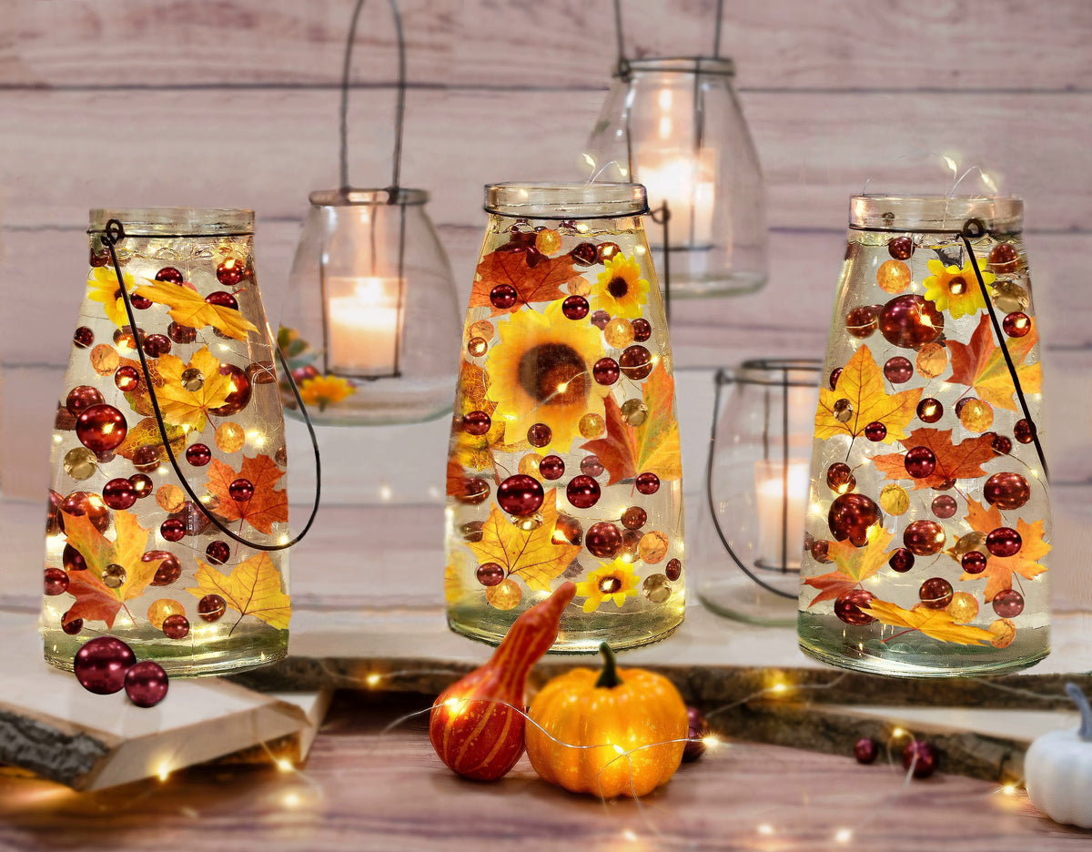 50 Floating Shades of Realistic Fall Leaves-Mums-Pearls-Pebbles-Fills 1 Gallon For Your Vases-With Must Have Transparent Water Gels Measured Floating Kit-Options: 3 Submersible Fairy Lights-6 Sunflowers-Vase Decorations