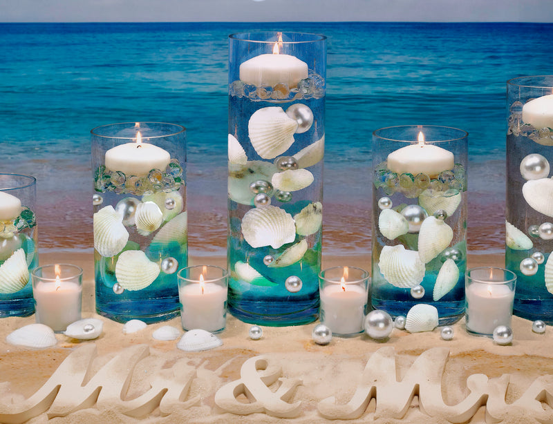 100 Floating Large Natural White Seashells-White Coral Reef-Pearls-Vivid Aqua Sea Color Gels-Fill 1 Gallon of Transparent Gels for the Floating Effect-With Exclusive Measured Gels Prep Bag-Option: 3 Submersible Fairy Lights Strings