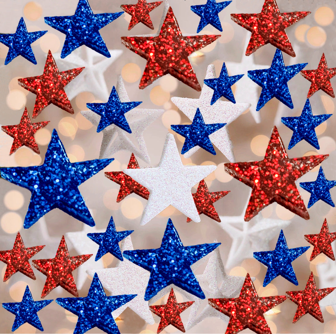 75 Floating Glitter Patriotic Stars & Red/Blue Color Effects- Fill 1 Gallon of Transparent Gels for Floating Effect-With Measured Floating Gels Bag-Option of 3 Fairy Lights Strings