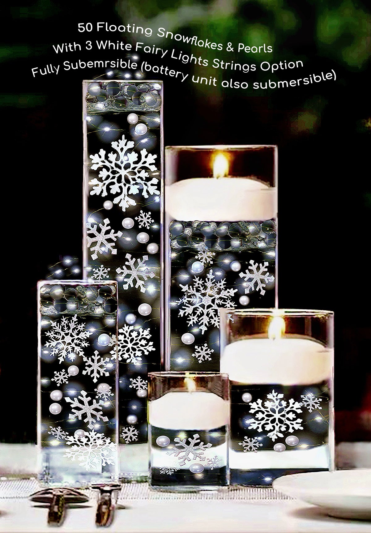 50 Floating White Snowflakes & Pearls-Plus Transparent Water Gels That Fills 1 Gallon for Your Vases- Option: 3 Submersible LED Fairy Lights Strings with Hidable & Submersible Batteries