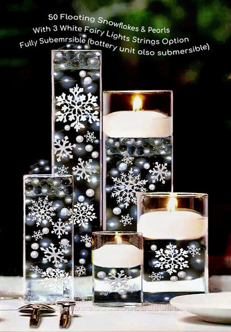 50 Floating White Snowflakes & Pearls-Plus Transparent Water Gels That Fills 1 Gallon for Your Vases- Option: 3 Submersible LED Fairy Lights Strings with Hidable & Submersible Batteries