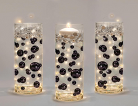 100 "Floating" Black Pearls and Matching Gems-Shiny-Jumbo Sizes-Fills 2 Gallons for Your Vases-With Transparent Water Gels Floating Kit-Option: 6 Submersible Fairy Lights Strings