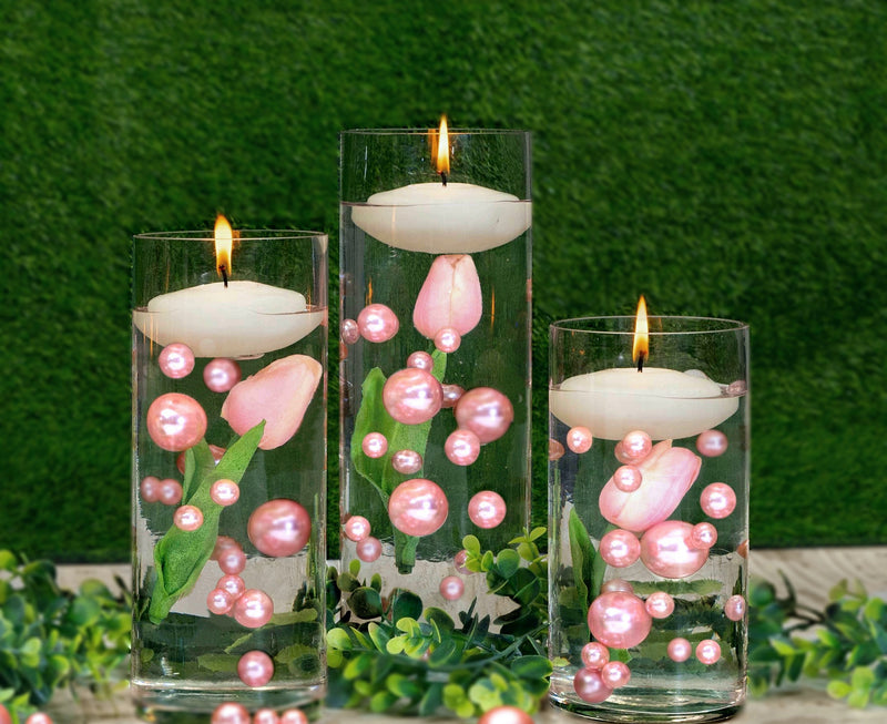 50 Floating Blush Light Pink Pearls-Shiny-Fills 1 Gallon of Floating Pearls and Crystal Clear Gels for Vases-With Exclusive Measured Gels Floating Prep Bag-Option 3 Submersible Fairy Lights Strings