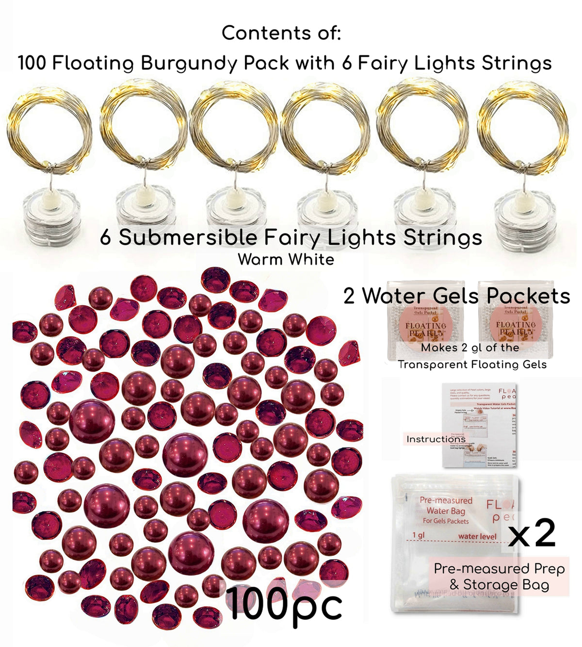 100 Floating Burgundy Pearls with Matching Sparkling Gems-Large Sizes-Fills 4 Medium Size Vases of The Floating Transparent Gels-Measured Gels Prep Bags-Option of 6 Submersible Fairy Lights Strings