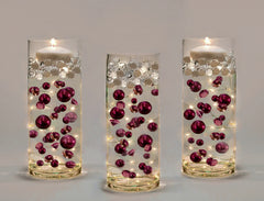 100 Floating Burgundy Pearls with Matching Sparkling Gems-Large Sizes-Fills 4 Medium Size Vases of The Floating Transparent Gels-Measured Gels Prep Bags-Option of 6 Submersible Fairy Lights Strings