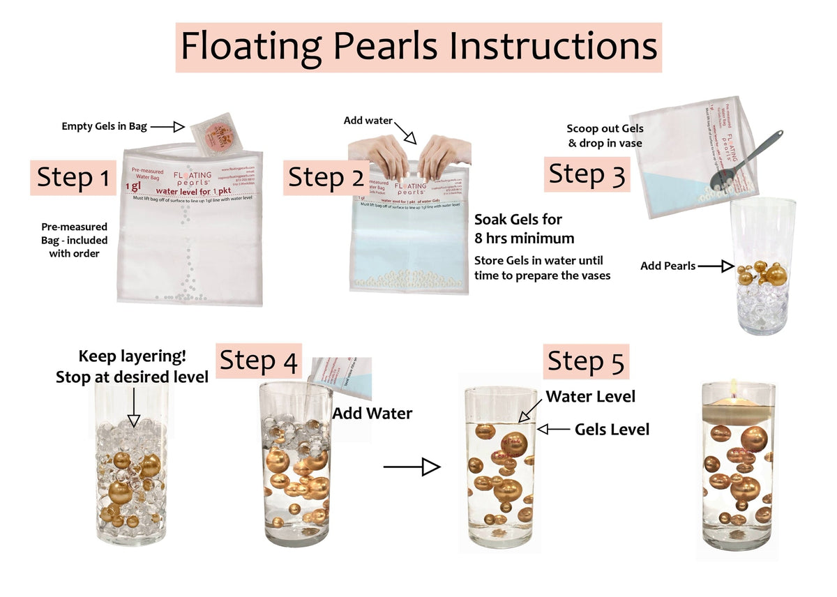 60 Floating White/Ivory/Pink Cherry Blossoms Flowers with Matching Pearls or Tumbled Glass-Fills 1 Gallon of Floating Gels for the Floating Effect-With Exclusive Measured Floating Prep Bag-Option:3 Submersible Fairy Lights Strings