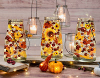 70 Floating Shades of Realistic Fall Leaves, Flowers, Pearls & Gems-1 Pk Fills 1 Gallon of Gels for Floating Effect-With Must Have Transparent Gels Measured Floating Kit-Options: Sunflowers-Submersible Fairy Lights-Vase Decorations
