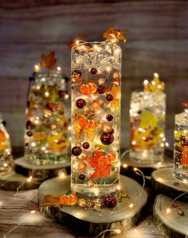 50 Floating Realistic Fall Leaves- Pumpkins- Mums & Pearls- Large sizes- Fills 1 Gallon of The Transparent Water Gels for Vases- With Pre-Measured Prep Bag- Option 3 Fully Submersible Fairy Lights Strings