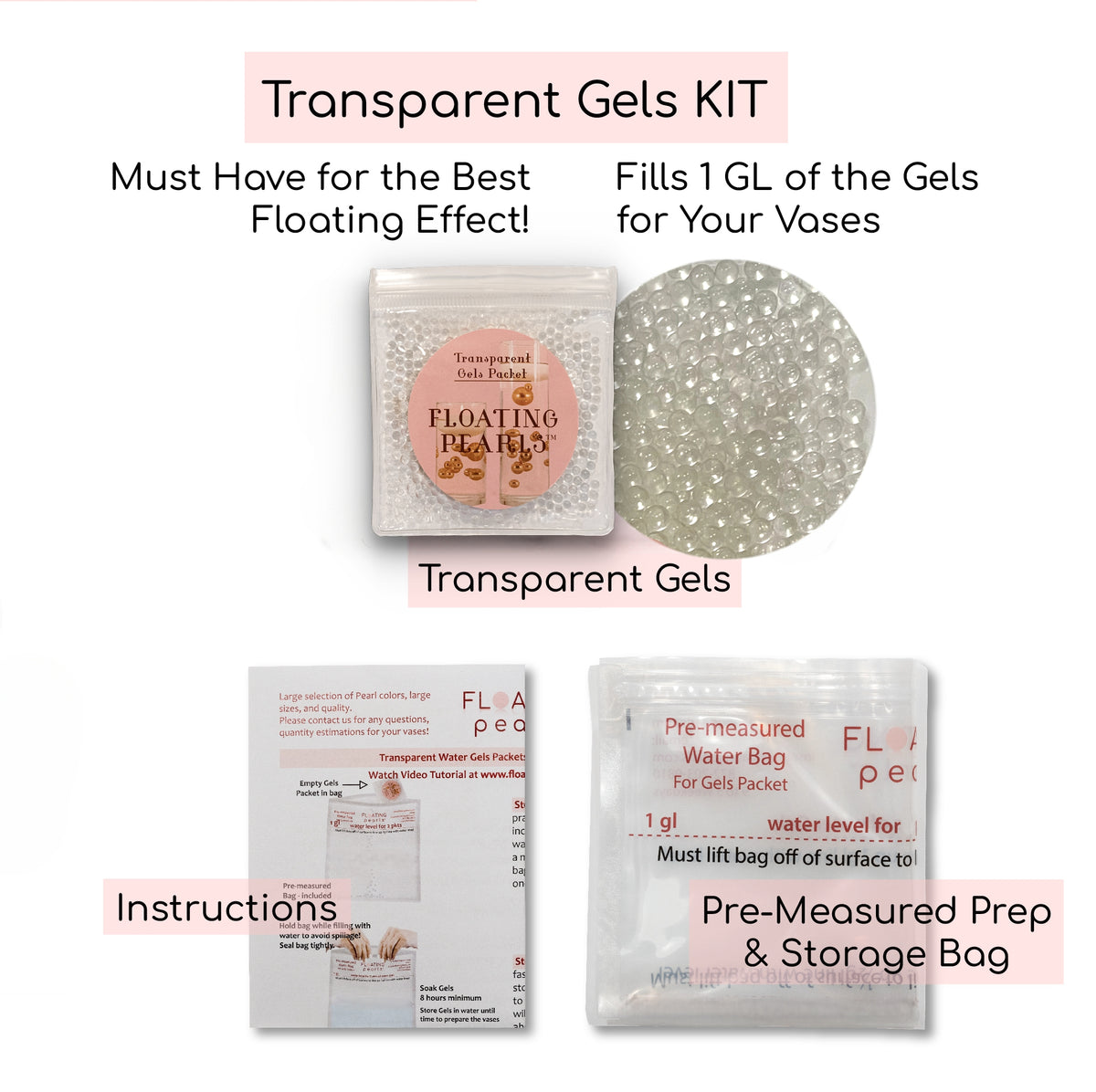 100 Floating Light Pink Pearls & Floating Matching Gems - Fills 2 Gallons of Transparent Gels for Floating Effect - With Floating Gels Measured Prep Bags - Option: 6 Submersible Fairy Lights Strings