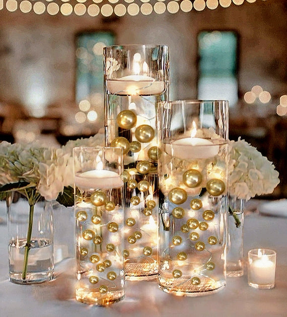 50 Floating Gold Pearls-Fills 1 Gallon of Floating Pearls and Transparent Gels for The Floating Effect-With Measured Gels Prep Bag-Option of 3 Fairy Lights Strings