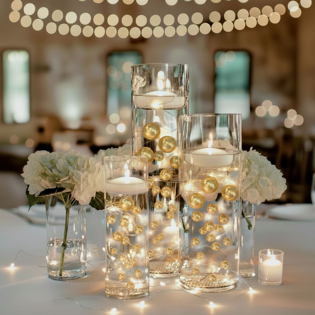 100 Floating Gold Pearls with Gold Sparkling Gems- Large Sizes- Option of 6 White or Warm White Submersible Fairy Lights Strings Hidable Submersible Batteries- Fills 2 Gallons for your Vases