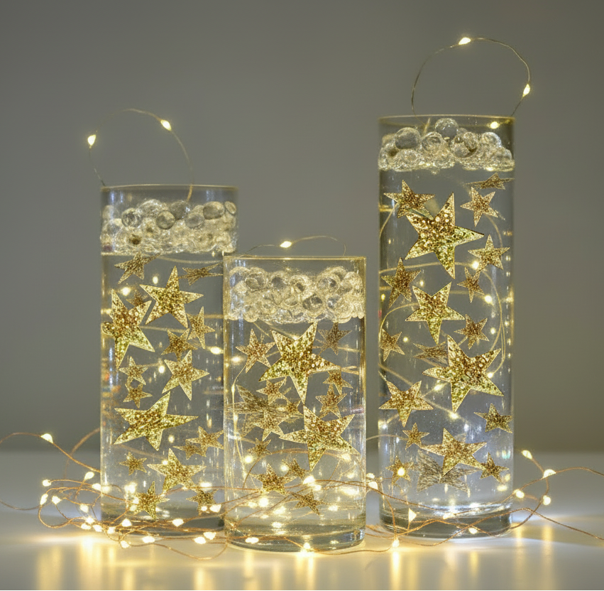 Étoiles scintillantes dorées "flottantes" avec option guirlande lumineuse - Décorations de vase - Dispersion de table