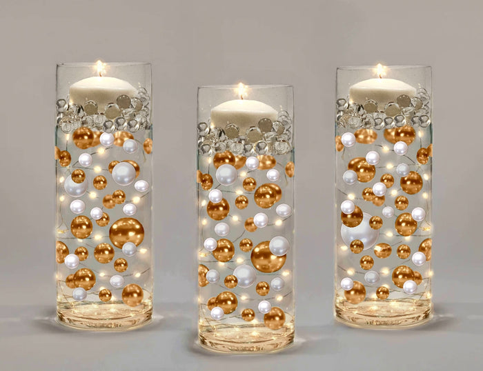 120 "Floating" Gold & White Pearls with Matching Gem Accents - No Hole Jumbo/Assorted Sizes Vase Decorations and Table Scatters