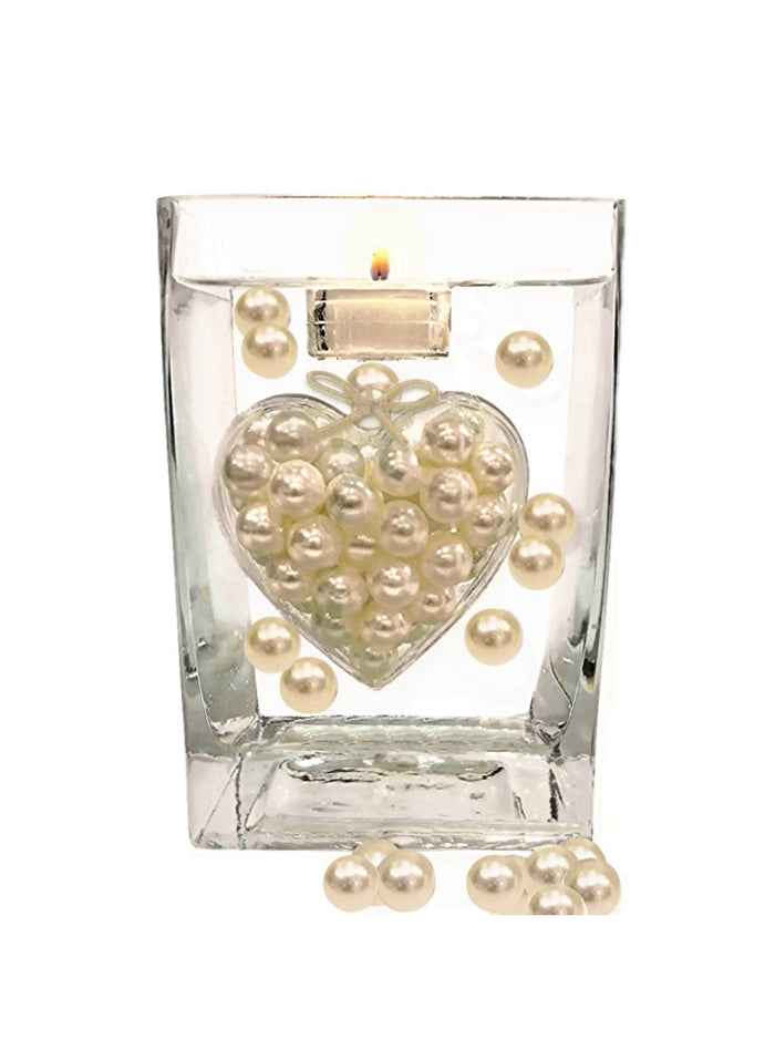 1 GL "Floating" Jumbo Submersible & Fillable Heart with Ivory/Off White Pearls - with Pre-Measured Prep & Storage Bag - Vase Decorations