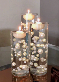 50 Floating Ivory/Off White Pearls-Shiny-Jumbo Sizes-Fills 1 Gallon of Floating Pearls & Transparent Gels For Your Vases-With Measured Invisible Gels Floating Kit-Option 3 Submersible Fairy Lights-Vase Decorations
