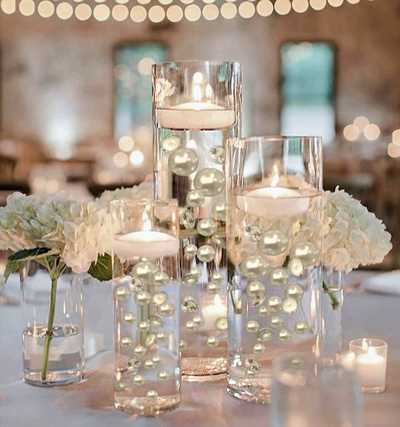 100 "Floating" Ivory Pearls and Matching Gems-Shiny-Jumbo Sizes-Fills 2 Gallons of Pearls/Gems & Crystal Clear Gels for Your Vases-With Transparent Water Gels Floating Kit-Option: 6 Submersible Fairy Lights Strings