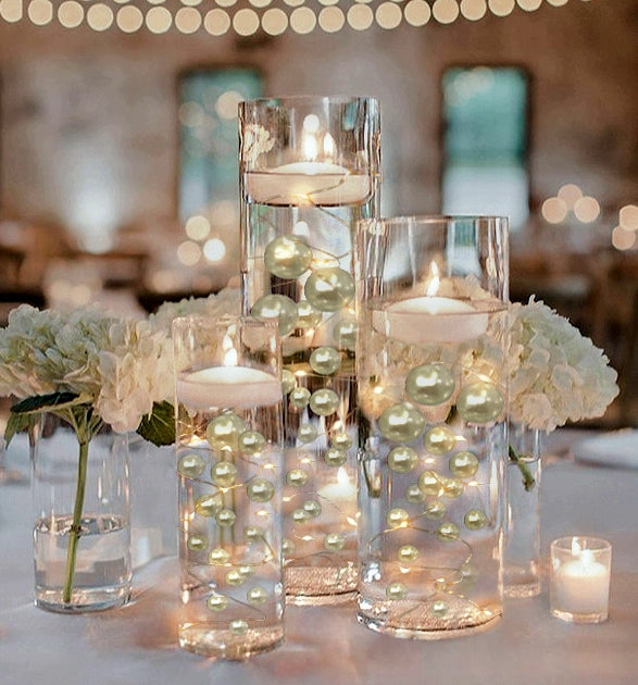 75 Floating Ivory/Off White Pearls Large Sizes- Option of 3 Submersible Fairy Lights Strings Hidable Submersible Batteries- 1 Gallon of Transparent Water Gels for Vases