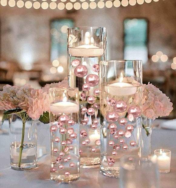 100 Floating Blush Light Pink Pearls & Floating Matching Gems-Shiny-Jumbo Sizes-Fills 2 Gallons of Crystal Clear Gels for Floating Effect-With Exclusive Floating Gels Measured Prep Bags-Option: 6 Submersible Fairy Lights Strings