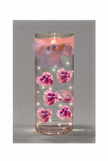 30 Floating Large Crystal Blush Pink Hearts-Fill 1 Gallon of Transparent Gels for the Floating Effect-With Measured Gels Prep Bag-Option of 3 Submersible Fairy Lights Strings