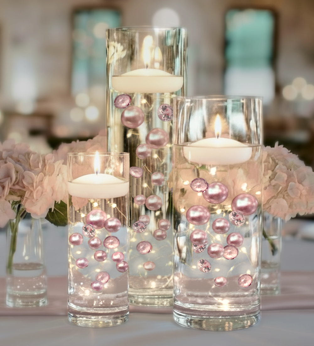 120 perlas rosadas y blancas "flotantes" con detalles de gemas brillantes, tamaño gigante sin agujeros y varios tamaños para decoración de jarrones y esparcidos de mesa