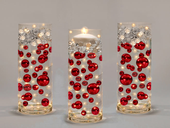 100 "Floating" Red Pearls and Matching Gems-Shiny-Jumbo Sizes-Fills 2 Gallons for Your Vases-With Transparent Water Gels Floating Kit-Option: 6 Submersible Fairy Lights Strings