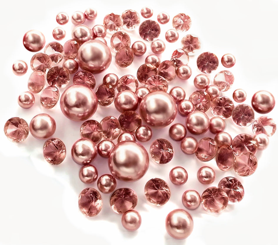 100 Floating Rose Gold Pearls & Rose Gold Gems-Shiny-Jumbo Sizes-Fills 2 Gallons of Floating Pearls, Gems & Transparent Water Gels For Your Vases-With Exclusive Gels Floating Kit-Option: 6 Submersible Fairy Lights Strings