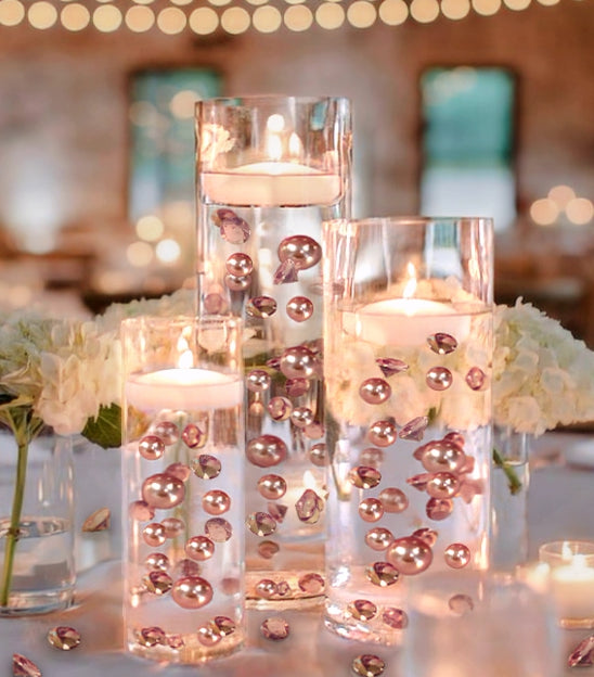 80 perlas y gemas de oro rosa claro "flotantes" sin agujeros Jumbo y tamaños variados decoraciones de jarrón + incluye geles de agua transparentes para hacer flotar las perlas