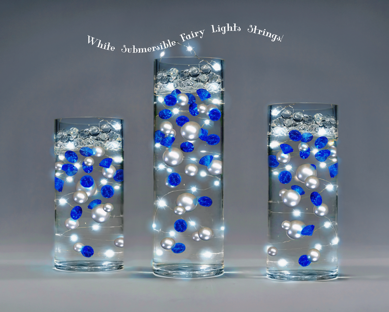 100 Floating Royal Blue Gems & Floating Silver Pearls-Shiny-Jumbo Sizes-Fills 2 Gallons of Transparent Gels for Floating Effect-With Measured Floating Gels Prep Bags-Option: 6 Submersible Fairy Lights Strings