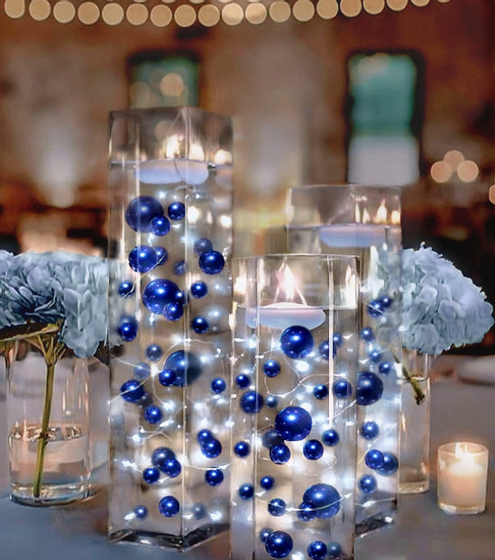 100 "Floating" Royal Blue/Navy Pearls and Matching Gems-Fills 2 Gallons for Your Vases-With Transparent Water Gels For Floating Effect-Option: 6 Submersible Fairy Lights Strings