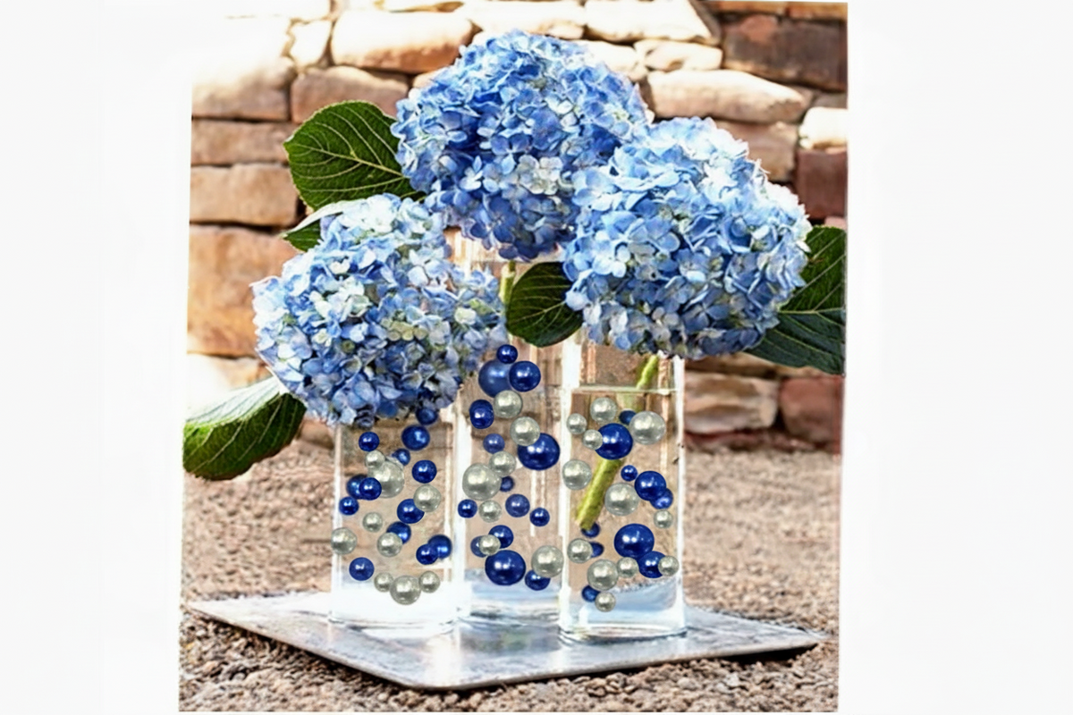 115 Floating Royal Blue/Navy Pearls Large Sizes- Option of 6 Submersible Fairy Lights Strings Hidable Submersible Batteries- 2 Gallons of Transparent Water Gels for Vases