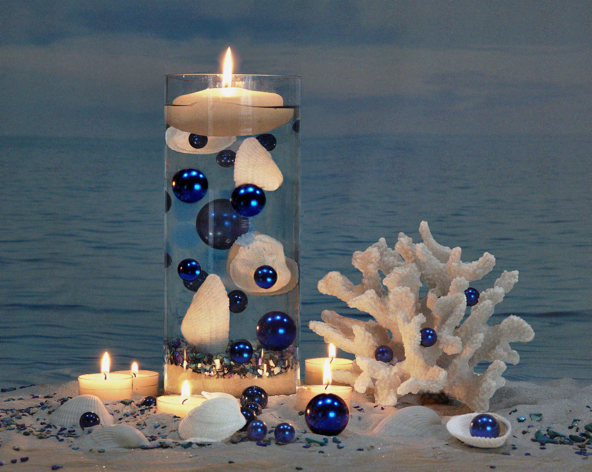 60 Floating Natural White Seashells-Pearls-Sea Pebbles-Aqua Color Gels-Fills 1 Gallon for your vases-With Transparent Water Gels Measured Floating Kit-Option: 3 Submersible Fairy Lights-Vase Decorations