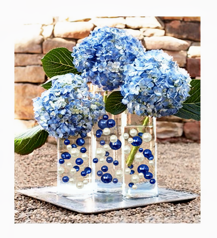 100 Floating Royal Blue/Navy Pearls and White Pearls-Shiny-Jumbo Sizes-Fills 2 Gallons for Your Vases-With Transparent Water Gels Floating Kit-Option: 6 Submersible Fairy Lights Strings