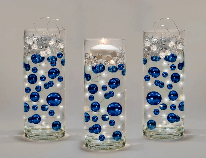 150 "Floating" Royal Blue/Navy Pearls and Matching Gems-Shiny-Jumbo Sizes-Fills 2 Gallons for Your Vases-With Transparent Water Gels Floating Kit-Option: 6 Submersible Fairy Lights Strings