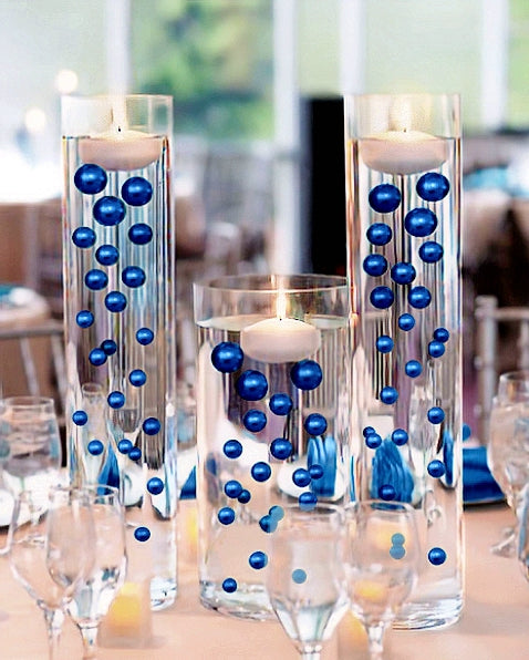 75 Floating Royal Blue (Navy) Pearls-Shiny-Jumbo Sizes-Fills 1 Gallon of Floating Pearls & Transparent Gels for Your Vases-With Transparent Gels Floating Kit-Option: 3 Submersible Fairy Lights Strings