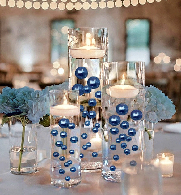 100 Floating Royal Blue/Navy Pearls and Matching Gems-Fills 2 Gallons of The Most Transparent Gels for The Floating Effect-With Gels Measured Prep Bags-Option: 6 Submersible Fairy Lights Strings
