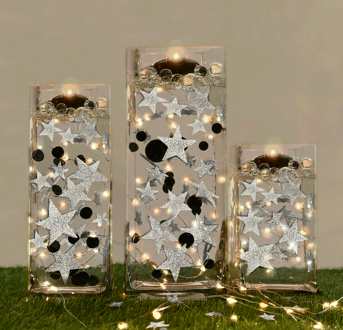 Floating Silver Stars Glitter-Fills Gallons for Your Vases With Transparent Floating Gels Kit+Option of Submersible Fairy Lights-Stunning Vase Decorations