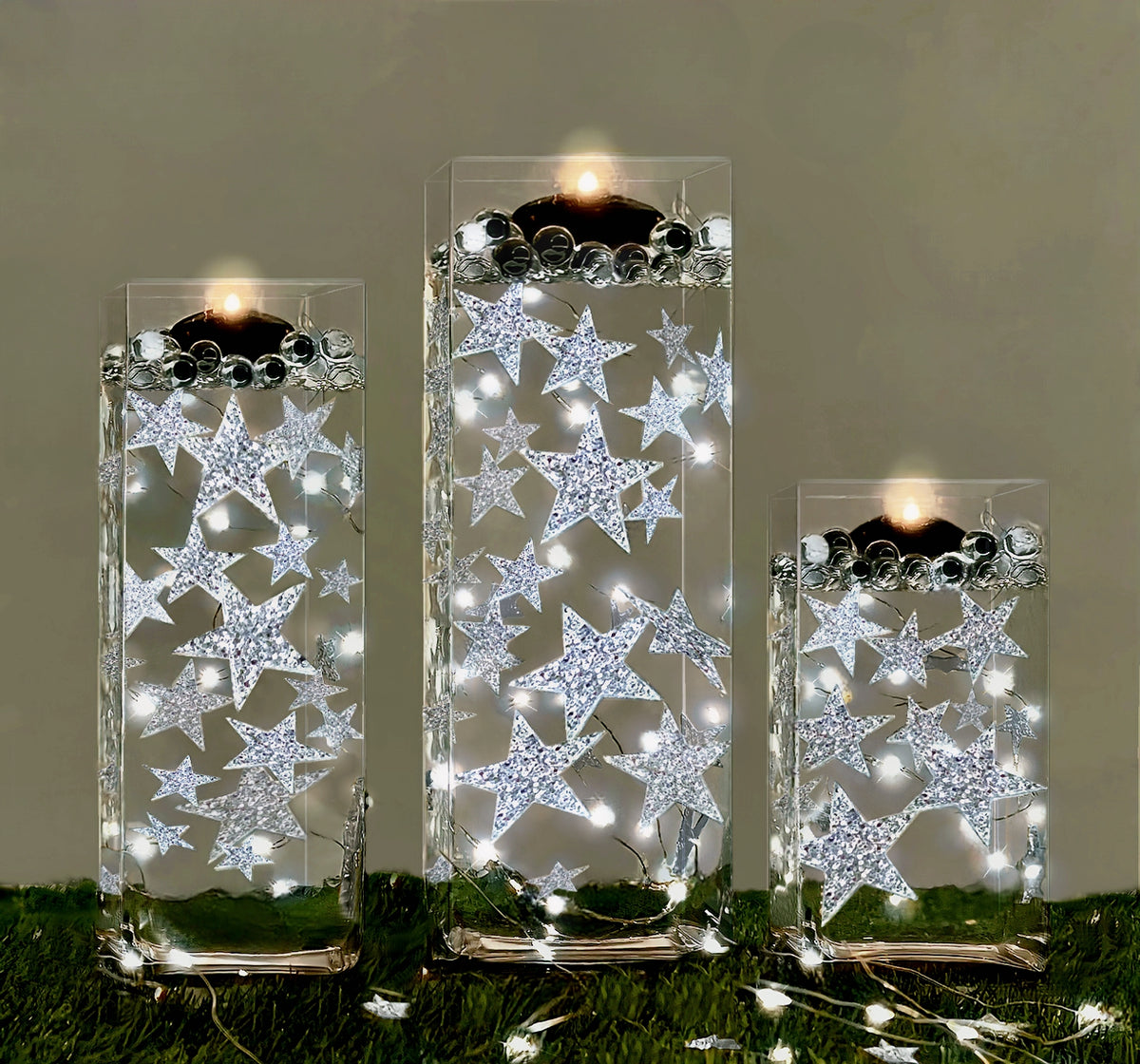 50 Floating Silver Stars Glitter-Fills Gallons for Your Vases With Transparent Floating Gels Kit+Option of Submersible Fairy Lights-Stunning Vase Decorations