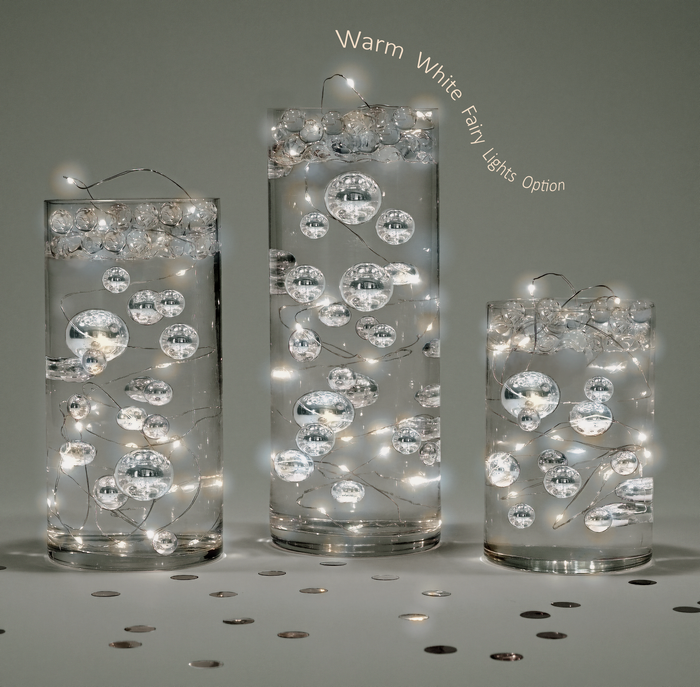 Juego de perlas espaciales plateadas metálicas flotantes, con kit de geles flotantes, con opción de guirnalda de luces de hadas, decoración de jarrón