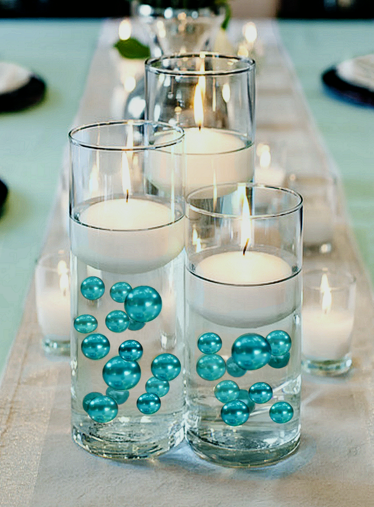 White Candle with Pearl Decor  Wedding centerpieces, Wedding decorations,  Pearl centerpiece