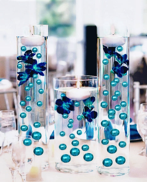 80 "Floating" Turquoise - Robin Egg Blue Pearls and Gems No Hole Jumbo & Assorted Sizes Vase Decorations + Comprend des gels d'eau transparents pour faire flotter les perles