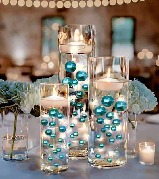 100 Floating Turquoise Blue Pearls and Matching Gems-Fill 2 Gallons of The Transparent Gels for the Floating Effect-Option: 6 Submersible Fairy Lights Strings