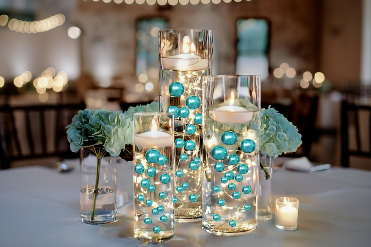 80 "Floating" Turquoise - Robin Egg Blue Pearls and Gems No Hole Jumbo & Assorted Sizes Vase Decorations + Comprend des gels d'eau transparents pour faire flotter les perles