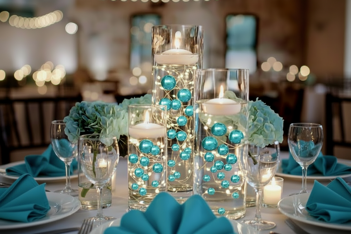 80 "Floating" Turquoise - Robin Egg Blue Pearls and Gems No Hole Jumbo & Assorted Sizes Vase Decorations + Comprend des gels d'eau transparents pour faire flotter les perles