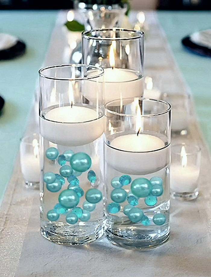 100 Floating Turquoise Blue Pearls and Matching Gems-Fill 2 Gallons of the Transparent Gels for the Floating Effect-Option: 6 Submersible Fairy Lights Strings