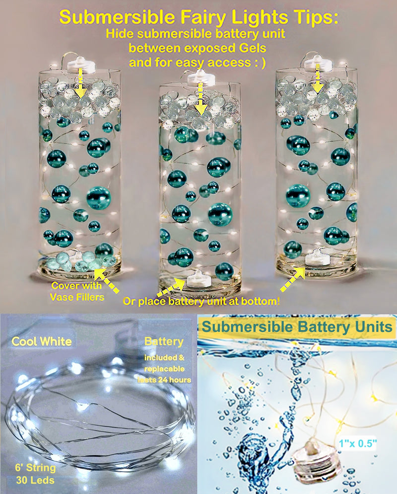 50 Floating White Snowflakes & Pearls-Plus Transparent Water Gels That Fills 1 Gallon for Your Vases- Option: 3 Submersible LED Fairy Lights Strings with Hidable & Submersible Batteries