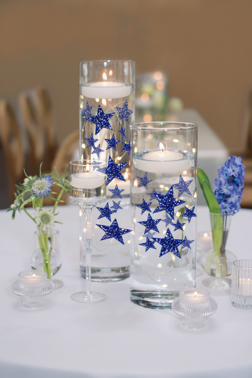 Étoiles flottantes scintillantes bleu-remplit des gallons pour vos vases-y compris des kits de gels d'eau transparents pour un look flottant-option de guirlandes lumineuses submersibles-superbes décorations de vase