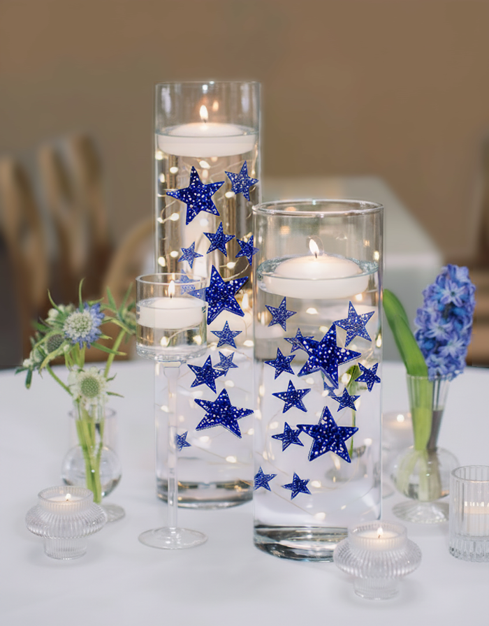 Floating Stars Glitter Blue-Rellena galones para tus jarrones-Incluye kits de geles de agua transparentes para una apariencia flotante-Opción de luces de hadas sumergibles-Impresionantes decoraciones de jarrones