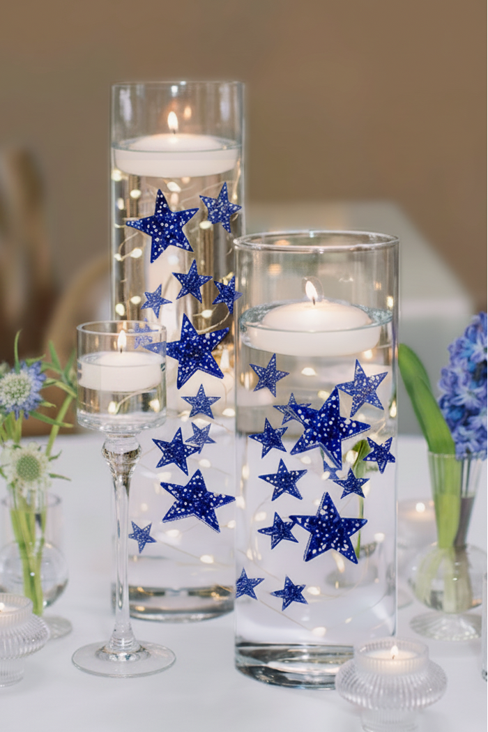 50 estrellas flotantes azules, tamaño grande brillante, rinde 1 galón para sus jarrones, incluye kit de geles flotantes transparentes, opción 3 cadenas de luces LED sumergibles con batería sumergible y oculta